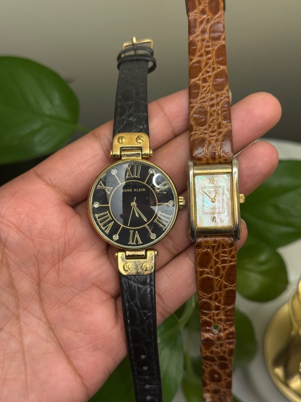 Anne Klein Black and guess Gold mother of pearl  vintage Leather-Strap Watch lot